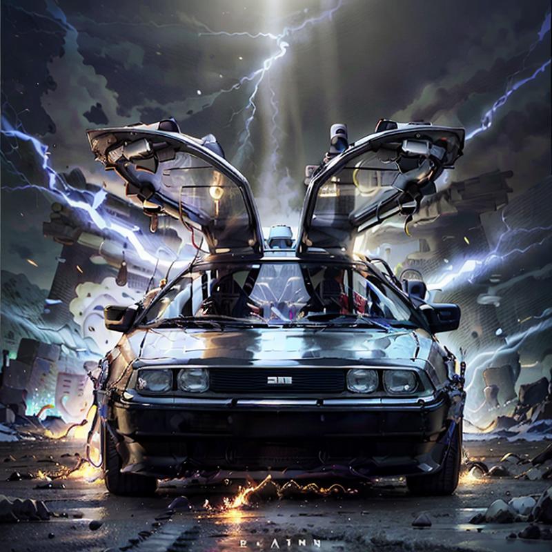 A black and white futuristic car with open hood and rear doors, surrounded by debris and a lightning bolt in the background.