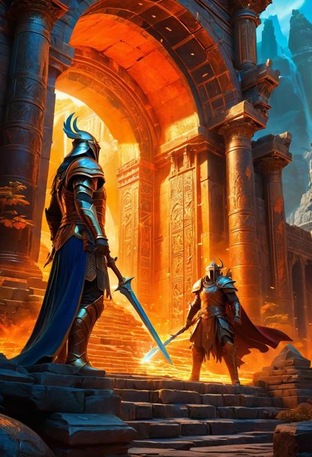 A powerful, high-fantasy scene brimming with dramatic lighting, heroic figures, and intricate worldbuilding. Warriors, mages, and mythical beasts clash or stand triumphant amidst ancient ruins, glowing portals, or enchanted landscapes. The compositions are dynamic and intense, with a strong sense of movement and tension. Colors are rich and saturated—fiery oranges, arcane blues, molten golds—illuminating armor, spell effects, and weathered stone in cinematic detail. Every element, from character design to environment, exudes epic scale and mythic storytelling, blending digital precision with painterly finesse.