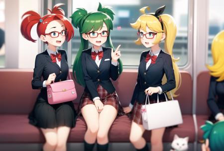 cubedcoconut, incredibly absurdres, best quality, 6+girls, ahoge, bag, bangs, blonde hair, blush, bow, bowtie, cat, dress, glasses, green hair, hair ornament, hairband, hairclip, handbag, kneehighs, long hair, multiple girls, open mouth, pleated dress, red-framed eyewear, red bow, red bowtie, red hair, red nails, school uniform, semi-rimless eyewear, short hair, sidelocks, sitting, socks, standing, sweatdrop, train interior, twintails