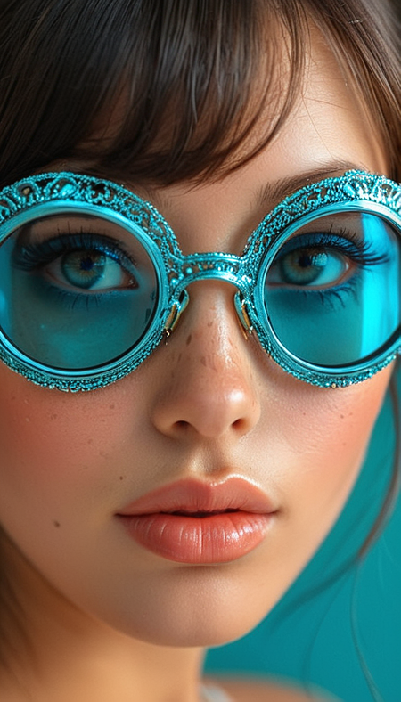 Close-up gorgeous girl face , cute, (bangs:1.1), freckles, light tan, striking teal large eyes, aligned eyes, mirror eyes, (half smile),
(wearing very detailed Venetian Mask:1.1),  perfect hair,round black glasses,
BREAK,
very long lashes, trendy portrait,
tender Aesthetic nose, ears, puffy lips, sensual lips, detailed texture, detailed eyes, detailed skin, clean skin,
<lora:Someplastic:1>, (ultra sharp focus:1.8), (detailed skin:1.8), (thin lines:1.8), (best quality:1.8),
<lora:Apparatus_-_Traction_City_Walkers_Vehicles:0.7>,
<lora:add-detail-xl:2> (ultra sharp focus:1.8), (detailed skin:1.8), (thin lines:1.8), (best quality:1.8),
<lora:glowneon_xl_v1:0.8>