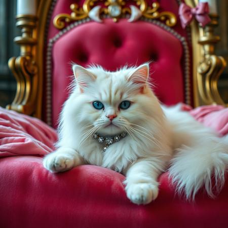Reigning with serene grace, a magnificent white Persian purebred long-haired cat, adorned with a resplendent diamond collar, exudes royal elegance as it reclines on a plush pink blanket. The creature's luxurious long fur and piercing blue eyes command respect and admiration, embodying the essence of feline nobility amidst the opulent setting suggestive of a throne room fit for pet royals. Velvet, pearls, bows, opulent, lavish