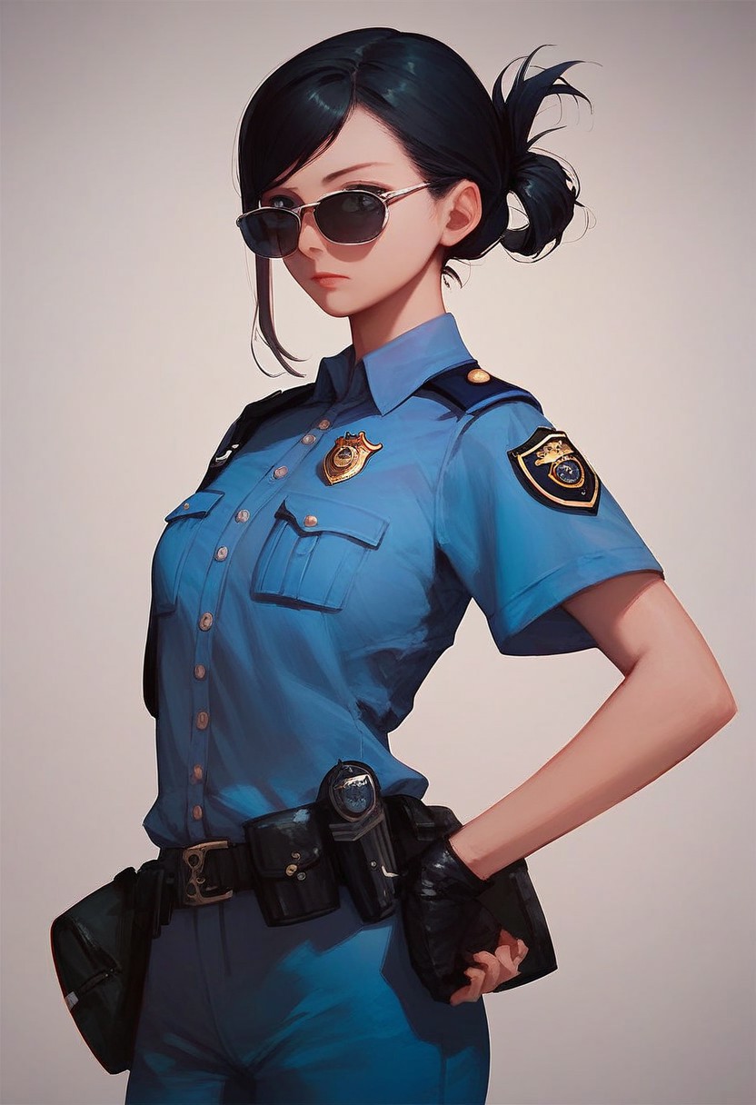 score_9, score_8_up, score_7_up, 1girl, standing, small breasts, black hair, folded ponytail, swept bangs, gray eyes, police uniform, sunglasses