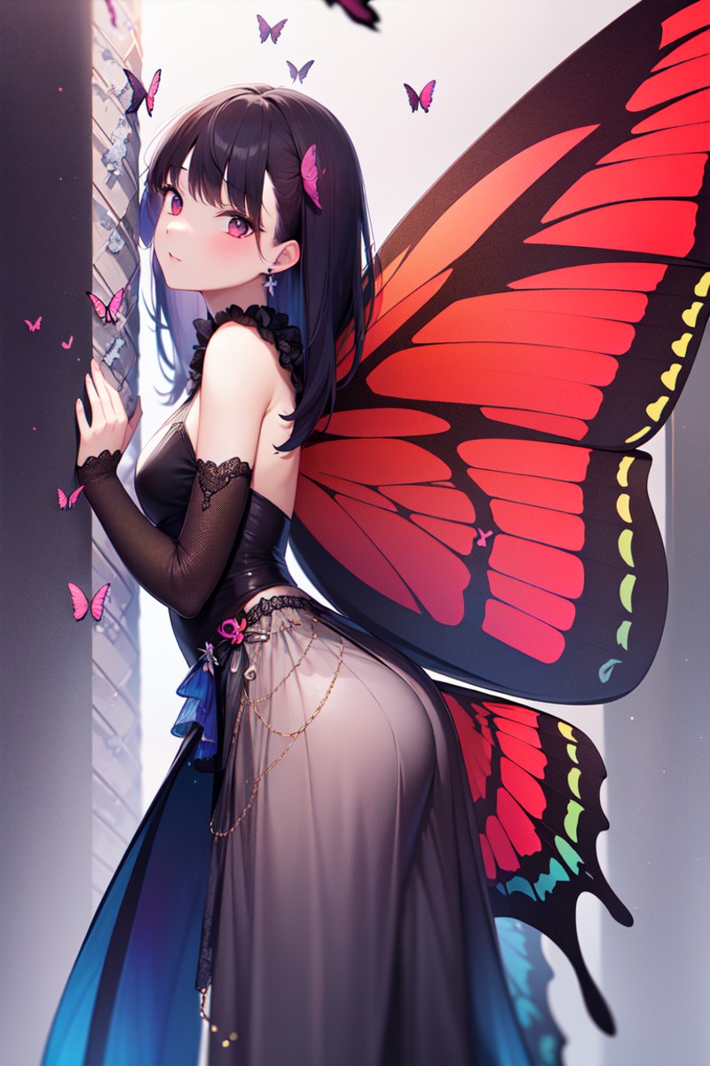 masterpiece, best_quality, 1girl, solo, butterfly wings, <lora:butterfly_wings_v1:0.8>