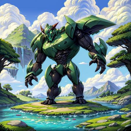 HEZI,Teamfight Tactics,little heroes,outdoors,tree,no humans,day,sky,bird,water,cloud,robot,solo,green eyes,grass,blue sky,palm tree,plant,waterfall,mountain,mecha,flower,nature,scenery,standing,glowing,sunlight,looking up,rock,cloudy sky,mountainous horizon,science fiction,animal,<lora:å°å°è±é-000010:0.65>,