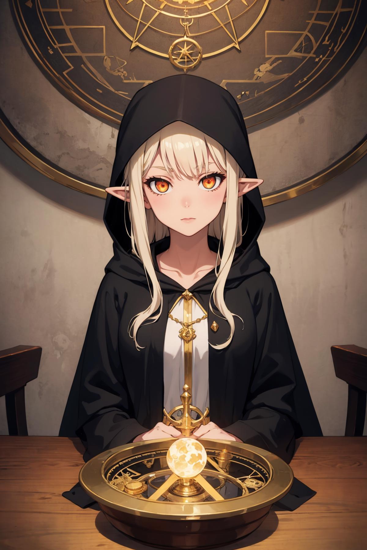 A girl with white hair wearing a black hooded robe.