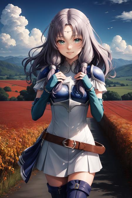 masterpiece, best quality, florina, circlet, armor, white dress, fingerless gloves, belt, thigh boots, looking at viewer, surprised, hands to heart, smile, blue sky, clouds, fields, autumn <lora:florina-nvwls-v1-000012:0.9>