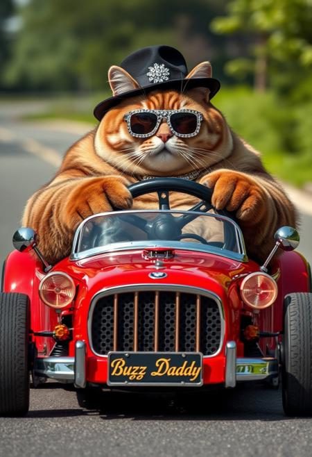 "A gargantuan feline, its obese body a majestic, velvety sprawl, squeezed behind the wheel of a toy-like roadster, its bright, fire-engine red paint job gleaming like a ruby in the sunlight. The cat's pimp-like finery - a gleaming, diamond-encrusted collar, a fedora clamped rakishly over one ear, and a pair of oversized, rhinestone-studded sunglasses - seemed to gleam with an air of absurd, feline swagger. As it grasped the steering wheel, its enormous paws, like giant, furry mittens, engulfed the tiny circumference, its claws drumming out a staccato beat on the dashboard as it navigated the road with a look of absurd, delighted concentration. The front license plate, a tiny, chrome-plated rectangle, read "Buzz Daddy" in bold, golden script, as if proclaiming to the world the cat's status as lord of the road. The cat's face, a map of joyful, whiskered creases, was etched by a wide, cheerful smile, its whiskers twitching with pleasure as it cruised down the highway, its massive, rolling bulk threatening to engulf the tiny car at any moment, yet somehow, impossibly, staying contained within its miniature confines." highest-Quality, intricate details, visually stunning, Masterpiece