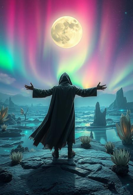 An ethereal alien world stretches beneath a radiant sky painted in shifting aurora-like colors, glowing with surreal vibrancy. A lone figure in a flowing cloak stands with arms outstretched in a dynamic, almost ritualistic pose, embodying the theme of fate and cosmic destiny. The alien landscape is alive with bioluminescent plants and shimmering pools reflecting fractured moons, while crystalline rock formations twist into unnatural, almost sentient shapes. The atmosphere is dense with floating luminescent spores, giving a sense of magical serenity yet concealing an eerie undertone of ancient horror. UHD and HDR detail bring out the microtextures of every surface, from the explorer’s intricate, weathered attire to the strange, glass-like soil beneath them. Long exposure motion effects capture ghostly light trails from floating alien lifeforms, adding a whimsical and haunting aesthetic. This evocative cinematic vision merges science fiction and fantasy seamlessly, projecting both tranquility and mysterious tension—like standing at the edge of an unknown destiny, on a planet that is as beautiful as it is unnervingly alive.