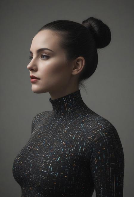 Futurism Art Style, This is a high-resolution photograph of a woman with a striking, futuristic appearance. Her face and body are covered in a glowing, pixelated pattern of vibrant colors, including red, orange, yellow, green, blue, and white, which creates a mesmerizing, almost holographic effect. The colors are arranged in a complex, abstract design, with some areas of the pattern appearing more densely packed than others. Her skin is smooth and flawless, accentuated by the contrast of the glowing pixels.
The woman has a slender build and is wearing a form-fitting, black bodysuit that mirrors the pixelated pattern, seamlessly blending with the light show. Her dark hair is pulled back into a sleek, low bun, and her eyes are strikingly blue, complemented by thick, dark eyelashes. She has full, red lips that stand out against the colorful background.
The background is a dark, neutral color, which allows the glowing pixels to be the focal point. The lighting is soft but intense, casting shadows that enhance the depth and dimension of the image. The overall style of the photograph is modern and avant-garde, blending elements of technology and fashion into a visually stunning and thought-provoking composition. <lora:aidmaFLuxPro1.1_v0.3:1>, ((intricate details)), hdr, ((intricate details, hyperdetailed)), dynamic, dramatic, Futurism Art Style