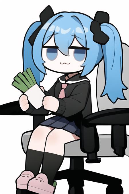 xielian, 1girl, solo, chibi,office chair,sitting, full body,:3,jitome,holding spring onion,twintails, long hair,necktie, skirt, blue hair, blue eyes, eyebrows visible through hair, black skirt,  black legwear, pink footwear, very long hair, pleated skirt, shirt, long sleeves, kneehighs, simple background, bangs, holding food, aqua neckwear, hair between eyes, sailor collar, black shirt, hair ornament