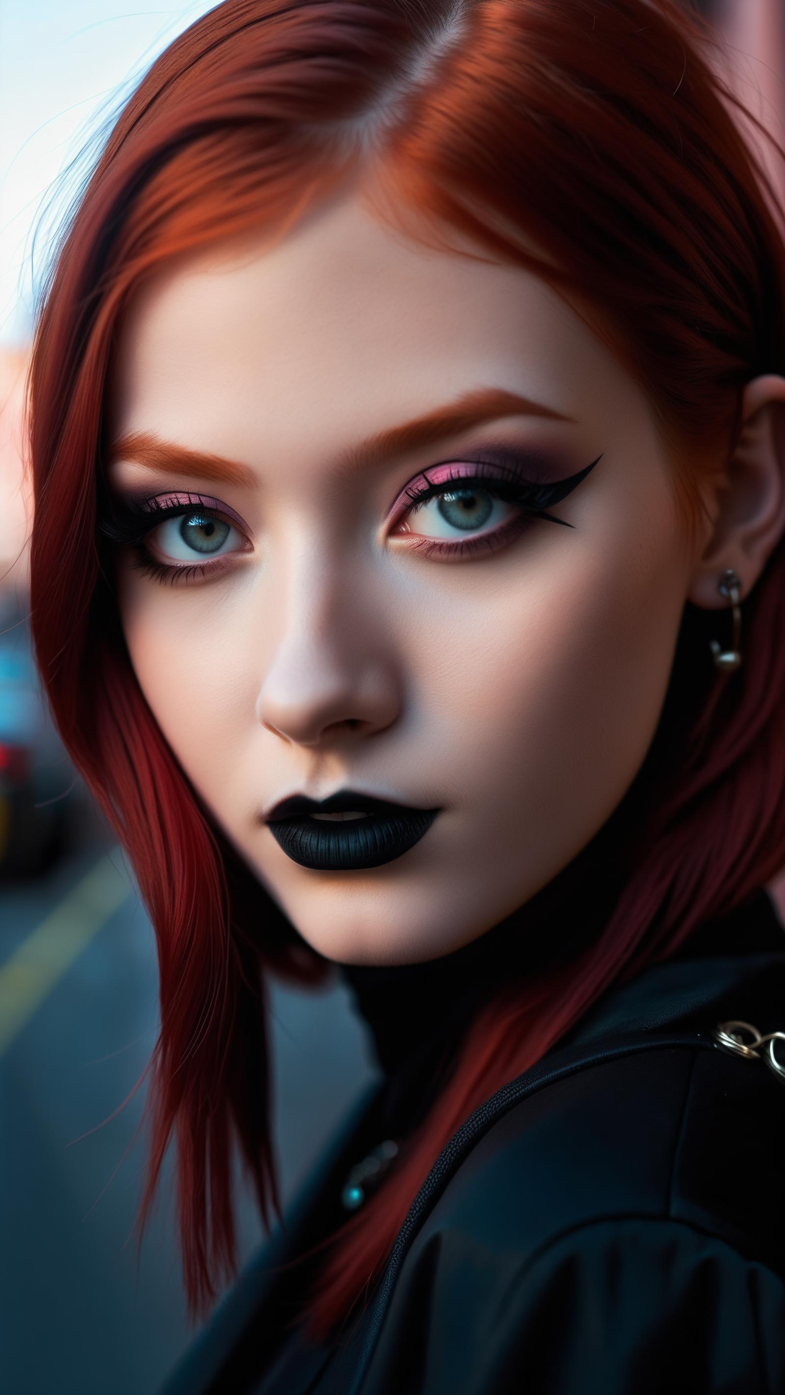 A woman with red hair and black lipstick looking at the camera.