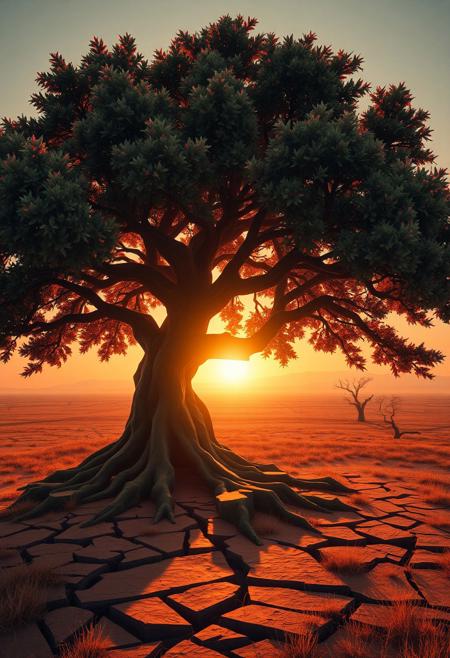 (emphasis on sharp geometric tree forms:1.6), (smooth surfaces:-1.4), minimal organic details, intersecting planes of land and tree,oak tree, sharp geometric branches and leaves, intricate fractal structures in foliage, (disjointed anatomy:-1.3), unsettling, (cartoonish:-1.1), multichromatic hues reflecting in sunlight, angular trunk and roots, dystopian vibe, recursive shapes in leaves and branches, (overly ornate:-1.5), photorealism, infinite geometry in the landscape, fractured ground geometry, (blurry:-1.2), stark natural lighting, primal aesthetic, (noisy:-1.1), sculptural and angular forms, exaggerated scale of the tree, (polished:-1.3), saturated earthy tones, (ugly:-1.3), (bad composition:-1.3), fragmented terrain, savannah, flowing yet sharp surfaces, (low quality:-1.2), warm glowing light from the horizon, high resolution, reds, vibrant oil pastel colors, and yellows, interlocking polygonal bark patterns, deep oranges, rigid tree structure