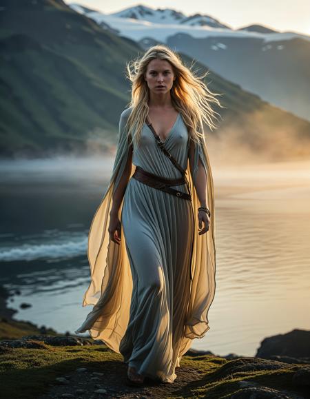 RAW full body image of a gorgeous 25 years old Gorgeous Viking Woman blond, loose hair, <lora:NordicByNature:0.8>,Mist,Walker of the Fjords, A mysterious Viking woman emerging from the morning mist, her silhouette ghostly against the ancient landscape.,low light, soft natural light, Rembrandt style light, Hasselblad DLSR camera, 200mm Zeiss lens, f/2.8, clear focus, high resolution image, (soft naural light), (rembrandt light), (soft shadows) ,Sexy pose, erotic pose, exhibitionism,