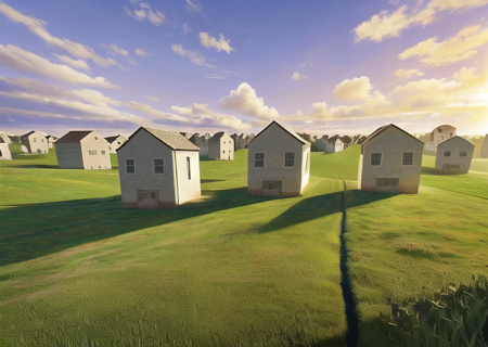 a group of houses in a field with a sky background, <lora:Level94-10:0.90>