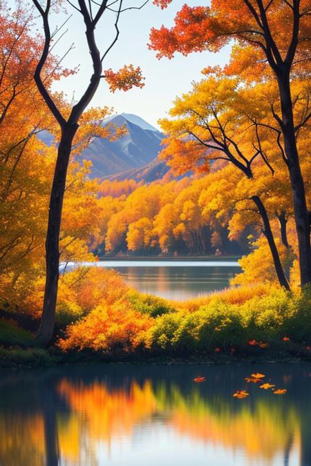 outdoors, autumn, lake, tree, mountain, falling leaves, wind
