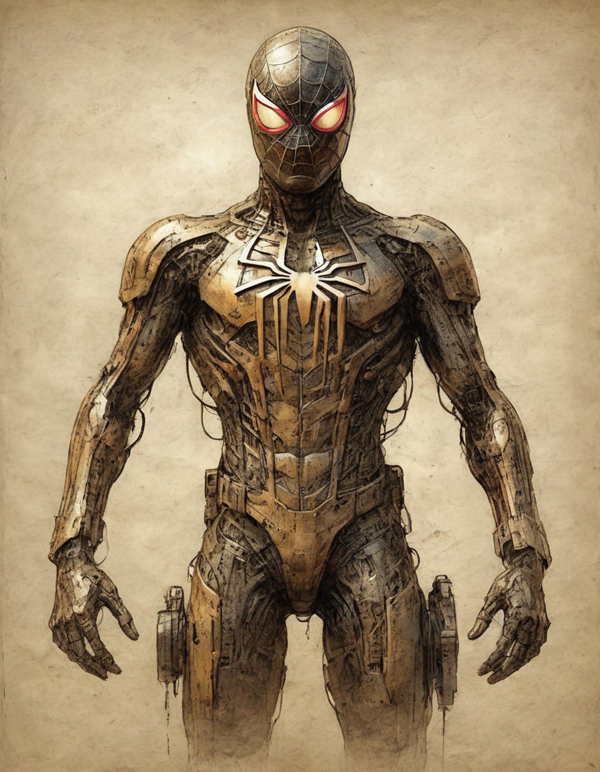 A Spider-Man robot with a gun on his side, drawn in a mechanical style, standing against a brown background.