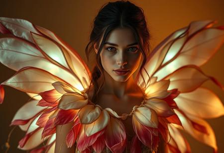 A portrait of a young woman wearing a fantastical dress made of flowing, luminescent petals and tendrils. The outfit seems to be alive, gently moving with her body. Her expression is both vulnerable and determined, and the scene is illuminated with soft, warm light that enhances the ethereal mood.