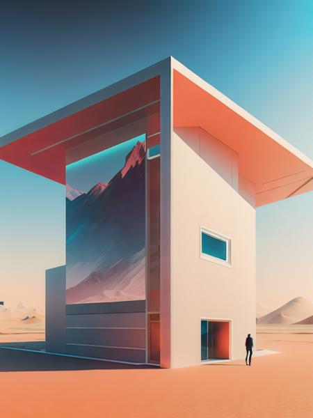 <lora:BeepleMikeWinkelmann:1>a futuristic house on a desert plain with a sky background and two people walking by it by Beeple Mike Winkelmann