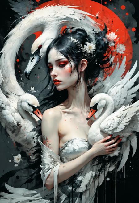 Amidst a celestial swan's embrace, Leda's countenance reflects a mix of astonishment and tenderness, capturing the mythical union of mortal and divine, (by Russ Mills:1.4), intricate details <lora:xl_more_art-full_v1:0.5> <lora:add-detail-xl:1> <lora:RMSDXL_Creative:2>