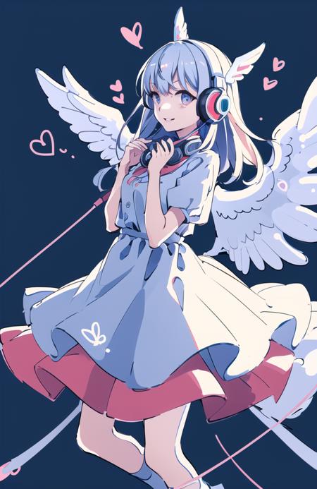 ,1girl, solo, smile, headphones, angel wings, dress, simple background, heart