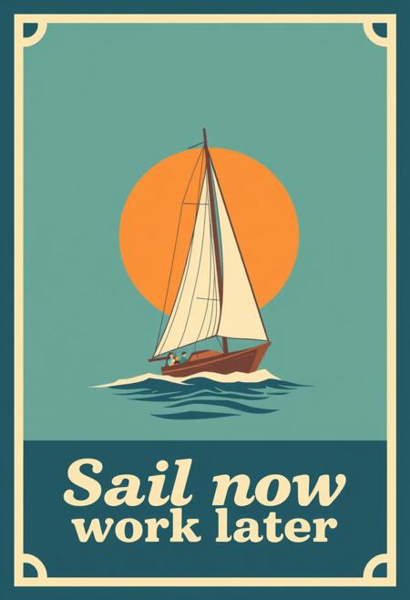 graphical art, sailboat, poster design, text "Sail now work later", vintage retro style,