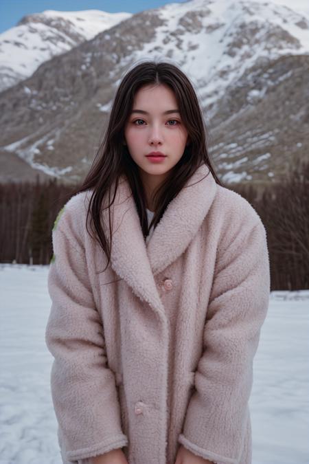 35mm film, 1girl, eurasian, solo, pale skin, pretty, tall, long dark hair, gorgeous eyes, small nose, pink lips, parted lips, wearing woollen jacket, slim face, looking at viewer, photorealistic, 8k, film grain, blurry mountainous background, snowy, upper body, wide shot  <lora:more_details:0.6> <lora:looking_at_viewer:1> <lora:picxer_real:0.7>