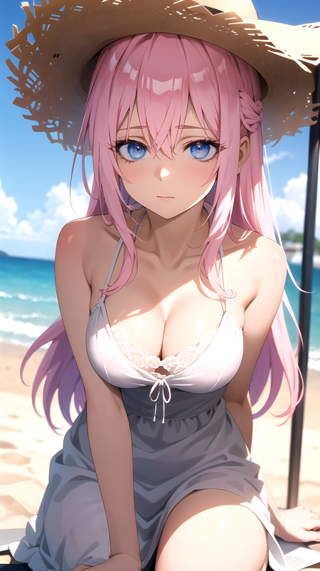 (best quality:1.1), (masterpiece:1.2), high quality shadow, beautiful detailed, (high detailed skin, skin details), (wide_landscape, 8k), beautiful face, detailed eyes, depth of field, dramatic light, best quality, highres, best shadow, best illumination, shikimorisan, 1girl, pink hair, long hair, blue eyes, hair between eyes, bangs, shy, large breasts, sundress, floppy hat, sandals, beach,  <lora:shikimorisanv3:0.8>