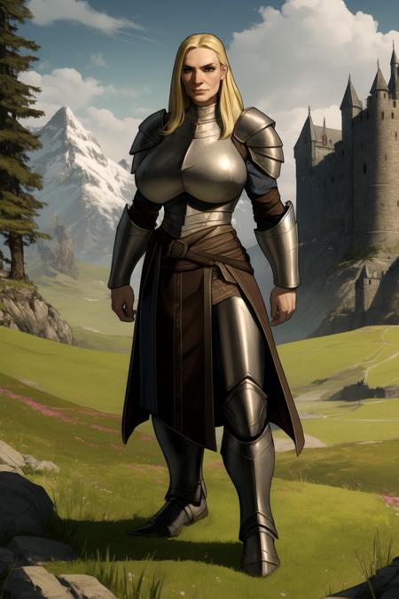 medieval fantasy landscape, castle, trees, grass fields, mountains, masterpiece 
BREAK 
medieval fantasy knight commander woman, mature female, large breasts, armored female, standing looking at viewer, long blonde hair