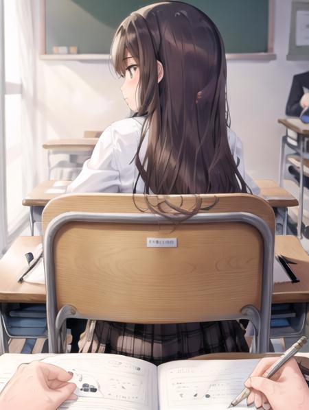 <lora:POVbackClass:0.7> POVbackClass, 1girl, long hair, skirt, brown hair, shirt, long sleeves, 1boy, holding, sitting, white shirt, pleated skirt, solo focus, indoors,  from behind, pov, plaid skirt, chair, trembling, desk, brown skirt, pen, classroom, school desk, pencil, on chair, school chair, holding pen, looking back,