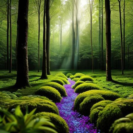 A hyper-realistic painting featuring a three-dimensional blue triangle with human eyes and a mouth, clearly expressing an emotion such as sadness or joy. The triangle should have realistic textures and lighting, making it appear as part of the physical world. It is set in a lush, vibrant forest at dawn, with sunlight filtering through dense foliage, illuminating the moss-covered ground and small wildflowers. Birds and woodland creatures add life to the serene setting. The triangle should blend seamlessly into the environment despite its surreal form, creating a striking contrast between the natural beauty of the forest and the lifelike, anthropomorphic triangle