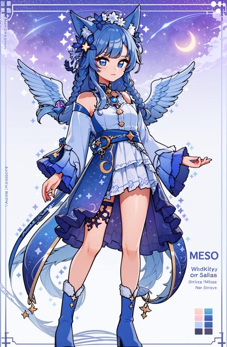 masterpiece, best quality, 1girl, solo, white to navy hair,  long hair, intricate outfit, starry sky, fox ears, detailed outfit, long sleeves, moon, cosmos, nebula, blue eyes, gems, silver jewels, braid, wings, navy feathered wings, tail, third eye, fur collar, fur trim, long boots, standing, long sleeves, star (symbol)