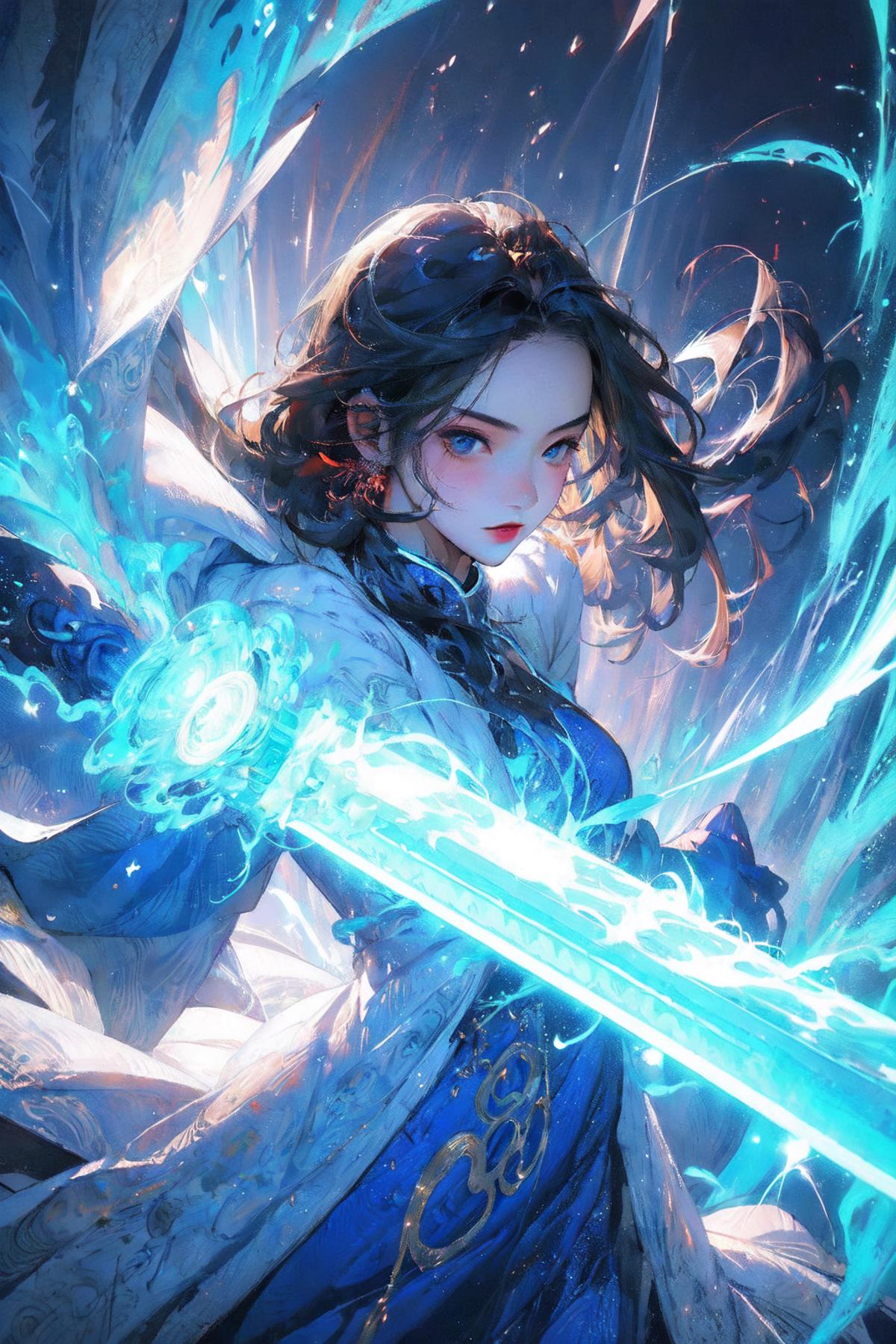 A beautiful illustration of a woman with blue hair holding a blue sword in a blue dress.