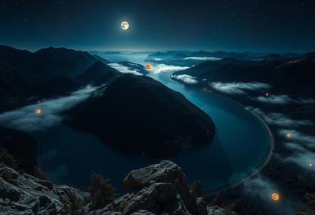 POV, on top of a mountain, looking down from mountain top, geological basin at the base of mountain, rivers leading to basin from mountains, basin surrounded by mountains, shore line, trees, clear blue water, cloud streams, mist over basin, at night, dark, moon, moon light, glowing orbs in air around basin, glowing orbs under water surface, stars, night sky, nebula, moons in sky, glowing in the forest, orange glow,