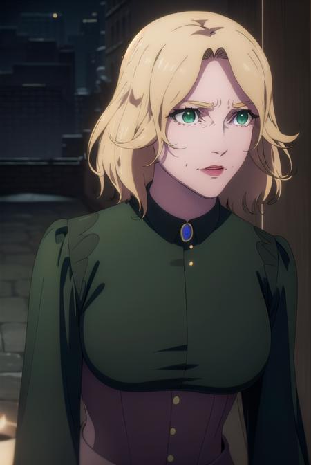 castlevaniatera, <lora:castlevaniatera-lora-nochekaiser:1>,
castlevaniatera, (green eyes:1.5), blonde hair, short hair, parted bangs, lipstick, red lipstick,
BREAK shirt, long sleeves, brooch, clothes around waist, black shirt, collar, corset,
BREAK looking at viewer, upper body, full body,
BREAK outdoors, night, sky,
BREAK <lyco:GoodHands-beta2:1>, (masterpiece:1.2), best quality, high resolution, unity 8k wallpaper, (illustration:0.8), (beautiful detailed eyes:1.6), extremely detailed face, perfect lighting, extremely detailed CG, (perfect hands, perfect anatomy),