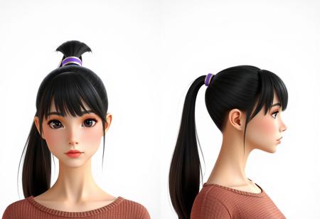semi-realistic, digital art, split views of completely front view and completely side view,reference images of beautiful 3d girl with high ponytail hair, simply background , portrait,headshot