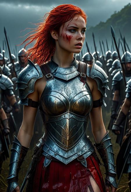 Ultra detailed digital art masterpiece beautiful Warrior girl dressed in a iron Armor and red mini skirt, Standing on a battlefield at the head of an army of knights, where a bloody slaughter is taking place, standing in battle pose, a dark epic fantasy, perfect lighting, beautiful Sadie Sink as Warrior girl, attractive woman, elegant, beautiful woman of athletic body, epic shot of the whole Warrior girl, unreal engine 5 nanite quality, dark fantasy, dark environment, very stormy day, LOTR style, dark washed out eyeliner, no make up, natural bloody pale face, realistic brown eyes, ultra detailed atmospheric details, beautiful glowing effects, sparkle effects, realistic body proportions, beautiful face proportions, complex masterpiece, wavy red hair, creative glowing detailed tattoos, complex physics, enhanced colors, complimentary colors, ultra detailed raytracing reflections, Ultra detailed complex background, environment feels alive, direct eye contact, dramatic lighting, wet and sweaty skin, beautiful firm Breasts, Daylight, Concept art by Greg Rutkowski, adding to the intense and dynamic atmosphere of the scene.