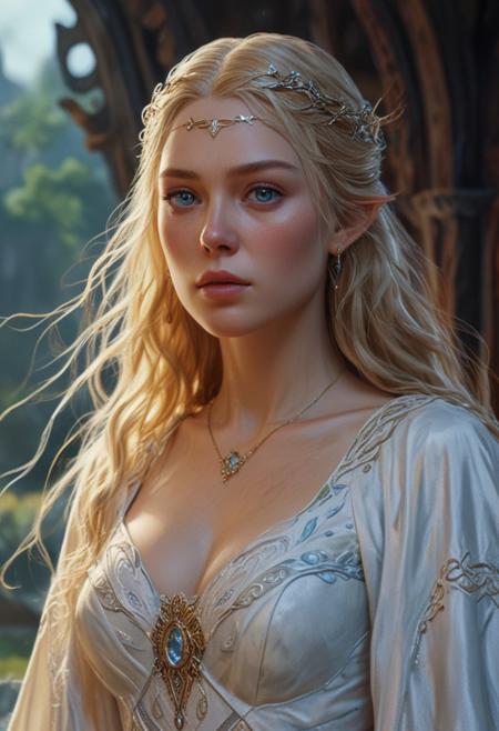 High resolution ultra-realistic of Beautiful Galadriel, 8k, capturing the intensity of the moment, cinematic lighting, standing on a bloody and turbulent battlefield in a bloody battle, wavy blonde hair, realistic dirty pale face, realistic blue eyes, beautiful hourglass figure, burning in a fantasy Town, intricately designed cloth white robes, fantasy Lord of the Rings Aesthetic, perfect athletic figure, beautiful Galadriel, ultra realistic, cinematic style, vigorous and seductive. beautiful firm Breasts, athletic figure, dark fantasy style, dramatic lighting, wet and sweaty skin, dirty skin, athletic figure, dark fantasy, dramatic lighting, Greg Rutkowski style, Galadriel on in armor, hyper-detailed, hyper-realistic, natural light, extremely intricate details, masterpiece, epic, bright colours, Attractive 21 old years elf girl, Attractive, sharp focus, digital painting, Photograph Taken on Nikon D750, Alphonse Mucha, 8K, athletic figure, Hyperdetailed, hyperrealism, Attractive, Attractive bust girl, asymmetric balance