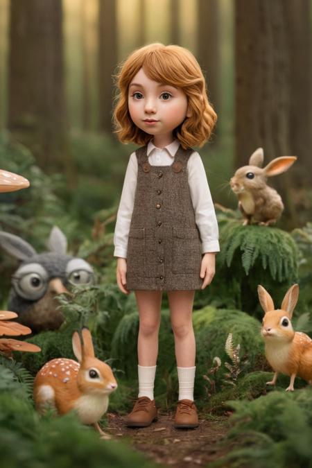 high-quality 3D character of a tiny 3D claymation Taylor Swift whimsical character, realistic hair and tweed clothes, a whimsical character standing amidst lush greenery, (many whimsical forest creatures:2), golden hour, which provides a sense of scale and makes the character appear as if he belongs to a miniature world. The backdrop is softly blurred, with bokeh effects that suggest a forest or garden setting.