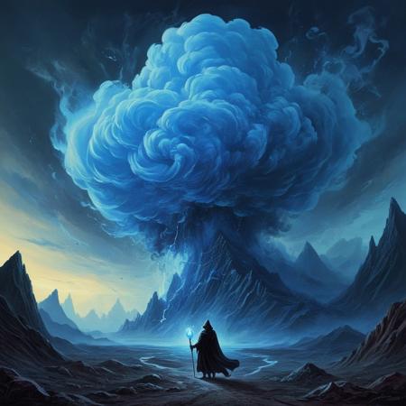 a painting of clouds in the dark with light coming from the top. A vibrant, abstract illustration featuring swirling, oversized blue smoke-like-clouds against a gradient background of blue hues. The clouds appear layered and textured, with subtle highlights and shadows that create depth. The composition conveys a sense of a dark prophetic future merging with a scary, evil sky. In de bottom right is one tiny dark evil necromancer person with cape and holding a glass ball in the far distance. vector design, colorful, posterized color illustration in the style of dan mumford, vintage, retro, psychedelic, intricate fantasy painting, blue tints, soft light 4 k, dan mumford artwork