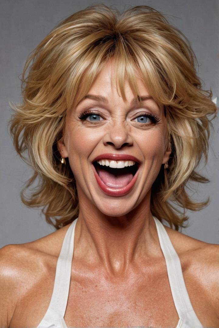 Goldie Hawn in a comedic role, laughing and making funny faces. absurd caricature, (sexy),