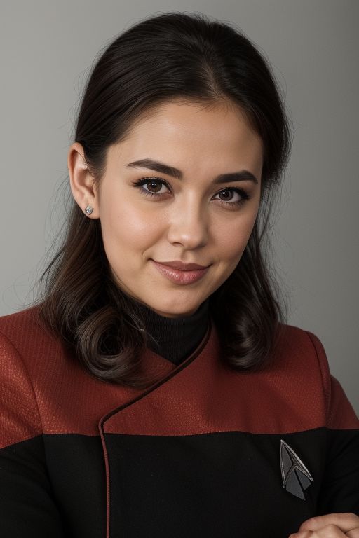 1woman, vulcan, pointy ears, pretty, 25yo, dark hair, (close up:1.4), red pcdst uniform, long sleeves, blurry background<lora:STPicardUniforms:0.8>
