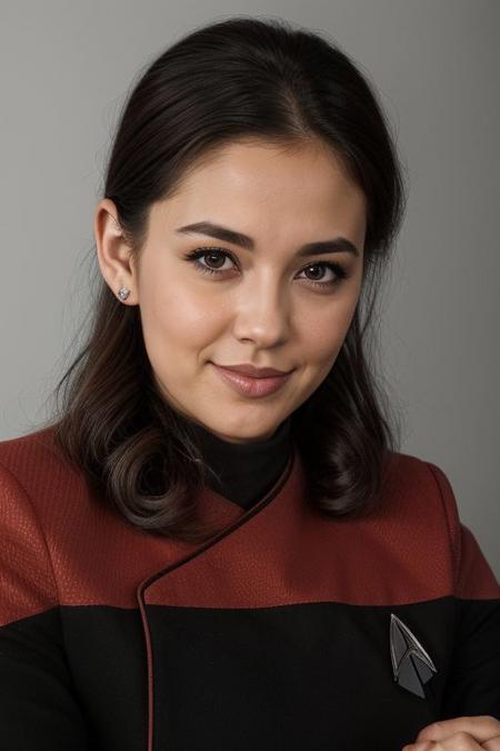 1woman, vulcan, pointy ears, pretty, 25yo, dark hair, (close up:1.4), red pcdst uniform, long sleeves, blurry background<lora:STPicardUniforms:0.8>