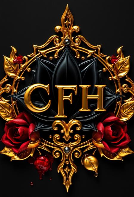 Design a "CFH" logo as a gleaming golden chrome emblem with intricate filigree. Emphasize reflective surfaces and liquid-metal appearance. Surround with black lotus and dark red roses, integrating bio-mechanical elements: thorny stems resembling cables or pistons, flowers with metallic undertones. Blood and oil should drip from leaf-like vents or ports. Create as high-quality vector for sticker use. Render in 8K with stark contrast between deep shadows and brilliant highlights on the reflective gold surfaces. Blend luxury and danger with a sci-fi, organic-tech aesthetic.