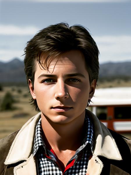 photo of (MartyMcFly:1.2) trapped in Wild West America, photo, a young man (Wearing a black and white checkered collared shirt, with a tan suede jacket and a red bandana tied around his neck:1.4), detailed face, realistic skin, high quality, (bluegrey eyes:1.1), Leica 50mm, f1. 4, natural light, grainy, (high detailed skin:1.2), high detail