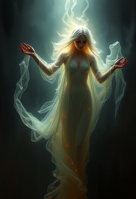 A hauntingly beautiful ghostly figure, illuminated by glowing plasma, emerging from the shadows. Realistic painting style with intricate details and lifelike textures. Inspired by the works of John Singer Sargent and Edgar Degas. Studio lighting creates a dramatic atmosphere for this concept art piece.