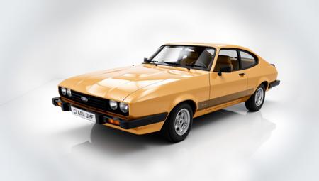 product shot of a car, 1978 Ford Capri S, white room, reflective surface, shiny, bright, new, golden color, chrome rims,