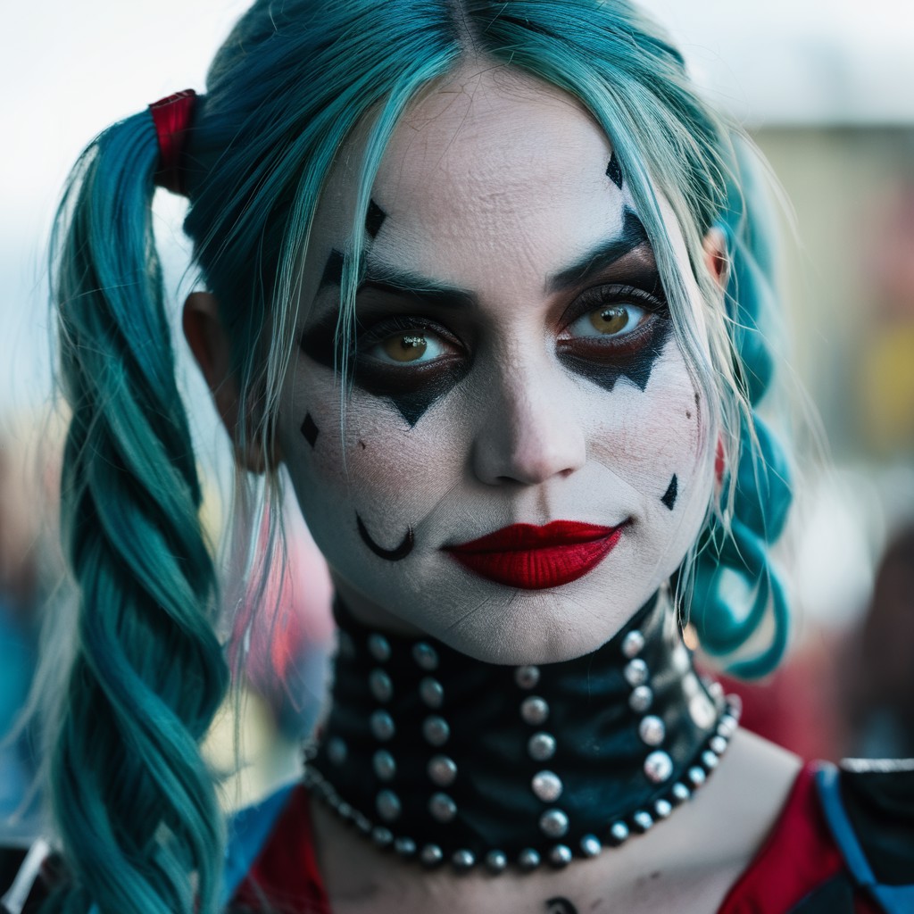 High res closeup portrait photo of an actress dressed as Harley Quinn, f /2.8, Canon, 85mm,cinematic, high quality, skin t...