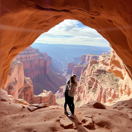 Grand Canyon. Couple standing center of arch. Big drop. Couple in love.