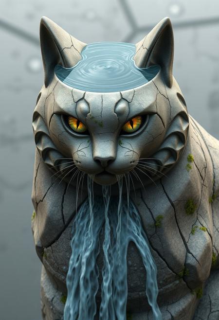 "Create a photorealistic image of a majestic cat sculpted from stone, with a serene pool of water resting on its head, evoking a tranquil pond. A breathtaking waterfall cascades down the cat's body, showcasing water in its most powerful and beautiful form. The stone is weathered, with fine cracks and crevices that add texture and depth to the image. Moss fills some of the cracks, while others remain bare, revealing the stone's natural grain. The cat's eyes are radiant and gorgeous, with a beautiful pattern of lighter and darker stone swirling around them, creating a sense of depth and dimension. The overall effect is one of breathtaking wonder, as if the cat has been carved from the very earth itself. The image should capture the intricate details of the stone and the water, with a sense of movement and flow." Highest-Quality, 4k, intricate details, visually stunning, Masterpiece