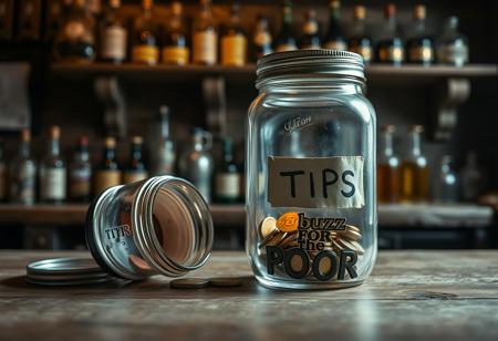 realistic, hyper realistic masterpiece photography, Canon R8, short focal length, 35mm, best quality, 4K,, 8k UHD, ultra-high resolution, ultra-high definition, highres, in a medieval pub, on a wooden countertop, a large open clear mason jar with the lid sitting upside-down next to it, a few gold coins with an orange glow are inside the jar, blurry background with bottles and flasks on shelves, there are 2 labels on the jar, the top label reads "TIPS", the bottom label reads "buzz for the poor", (orange and teal color grading:0.8), subtle colors,